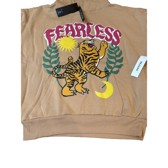 Reason Hoodie Mens Large Khaki Fearless Tiger Graphic Pullover Sweatshirt F3-54 - Picture 2 of 10